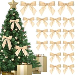 24 Pcs Velvet Christmas Bows for Christmas Tree 4.72" Rustic Crafts Gift Velvet Ribbon Twist Tie Bows for Xmas Wreaths Garland Gift Wrapping Wedding Decor(Light Khaki)