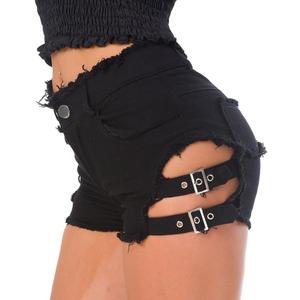 Women's High Waist Denim Shorts Sexy Gothic Punk Dance Shorts Metal Buckle Short Pants, Large, Black-648
