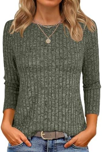 ANRABESS Women 3/4 Sleeve Length Shirts 2025 Fall Lightweight Sweaters Loose Fit Ribbed Knit Casual Soft Layering Tops, Size M