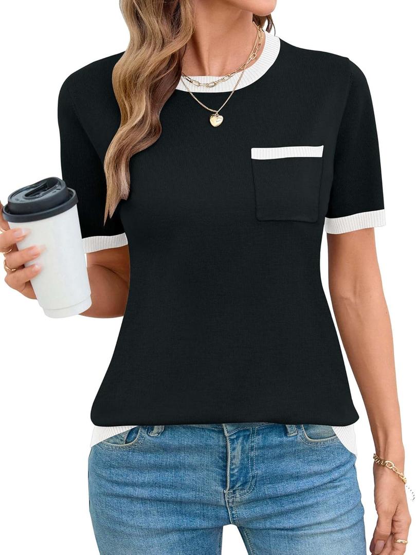 Rapbin Short Sleeve Sweater for Women Spring Summer Knit Tops Crew Neck Casual Lightweight Pullover Sweaters with Pocket (Black, S)