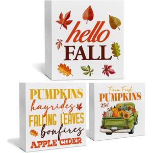3 Pcs Fall Tiered Tray Decor Hello Fall Sign Home Decorations Autumn Pumpkins Truck 3 Pcs Wood Decorative Signs for Table Desk Shelf Wall, 5.7 x 5.7 inches, 5 x 5 inches, 4.3 x 4.3 inches