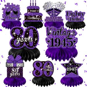 9Pcs Purple 80th Birthday Decorations Purple Black Silver 80th Birthday Honeycomb Centerpieces for Tables Decorations Vintage 1945 Centerpieces Cheers to 80 Years Decor for Women Men Birthday Party