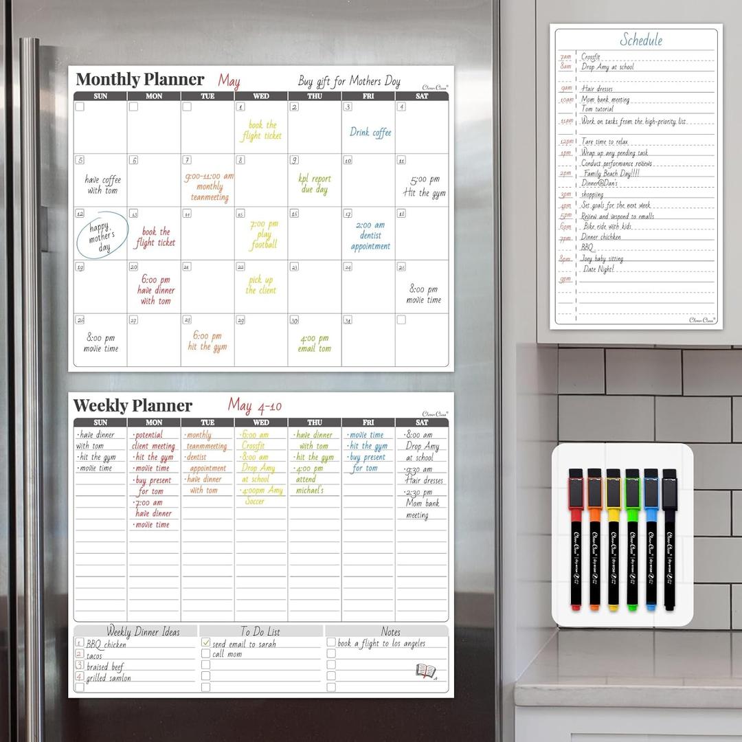 Non-Magnetic Dry Erase Calendar Set for Fridge - 14.5x11.5 Reusable Monthly and Weekly Calendar - 6.5"x11.5" List Board Sticks to Most Smooth Surfaces - 6 Dry Erase Markers Included