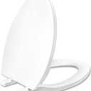 Toilet seat Elongated with Slow Close Hinges, Four Bumpers Never Loosen and Easily Remove, Two Sets of Parts, Plastic, White
