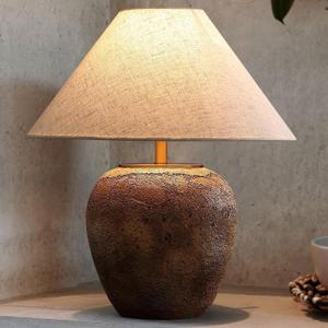 Rustic Farmhouse Clay Pot Table Lamps 19.6" Tall Ceramic Table Lamp, American Southwestern Textured Ceramic Lamp Body with White Textured Shade Bedside Table Lamp for Living Room Bedroom Office