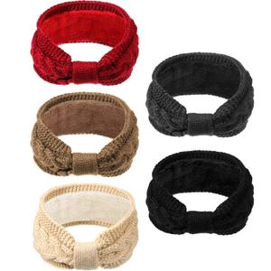 WILLBOND 5 Pieces Winter Cable Knit Headbands Fleece Lined Headbands Thick Crochet Turban Bowknot Ear Warmer for Women Girls