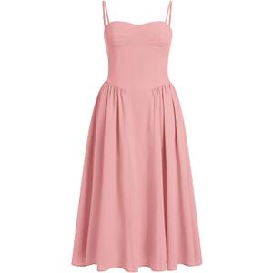 ABEHIK Women Floral Corset Dress Boho Spaghetti Strap Lace Up Casual Midi Dresses with Pockets Low Cut Flowy Bustier Sundress (Pink)