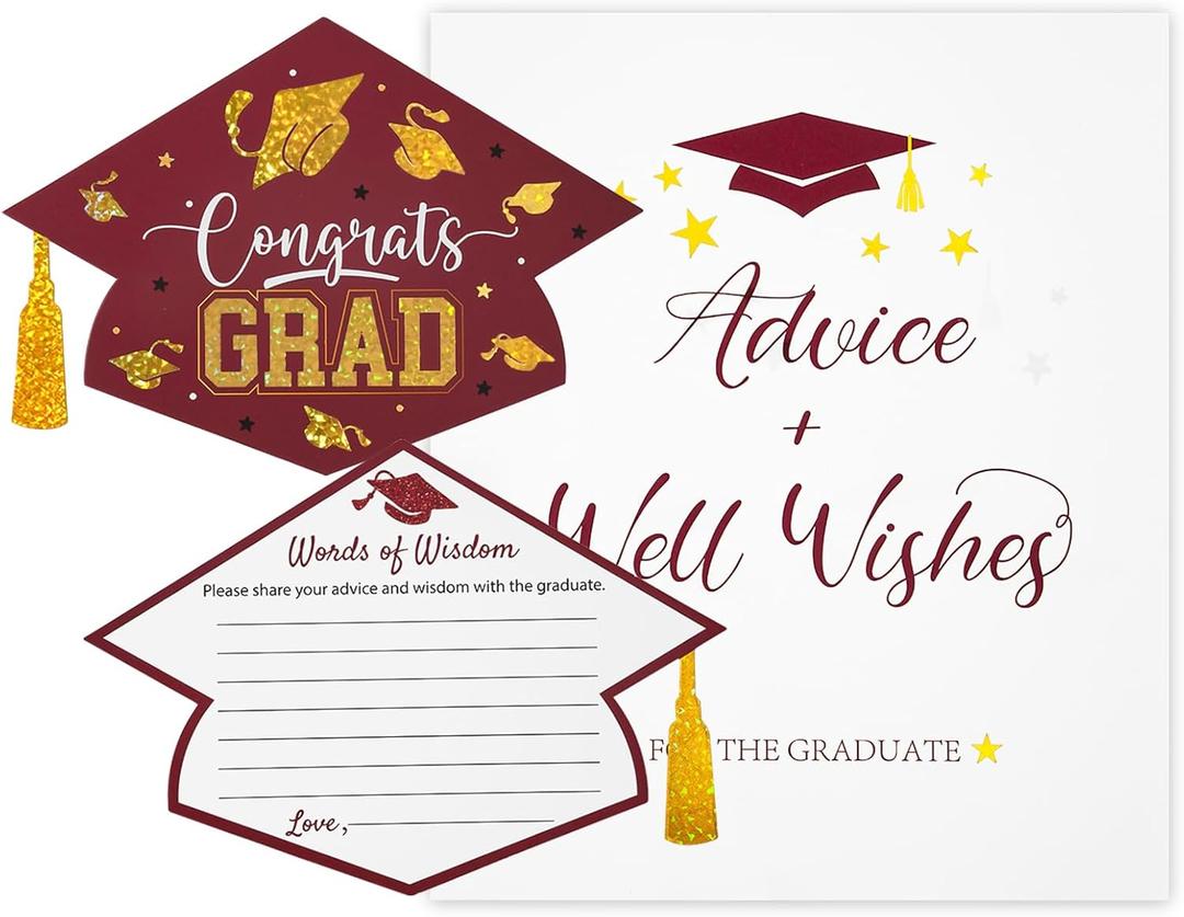 Hunanyume Graduate with Sign, 50PCs Holographic Gold Foil Graduation Wish Card for High School College 2025 Grad Celebration Party Games Supplies Decorations(Maroon)