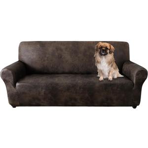Sofa Cover, Couch Covers for Leather Couches, Stretch Sofa Covers with Leather-Like Texture, Washable, Non-Pilling, Non-Slip 1-Piece Couch Cover for Dogs, Cats and Kids (Sofa, Brown)