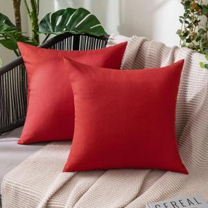 MIULEE Pack of 2 Decorative Outdoor Solid Waterproof Throw Pillow Covers Faux Linen Garden Farmhouse Cushion Cases for Patio Tent Balcony Couch Sofa 16x16 inch Red