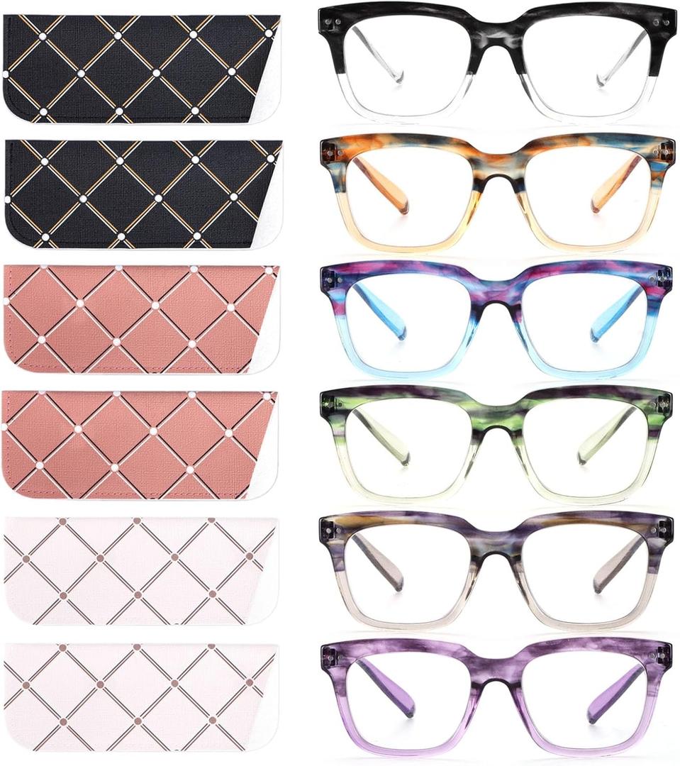 6 Pack Fashion Reading Glasses for Women Men Blue Light Blocking Oversized Square Readers with Spring Hinge