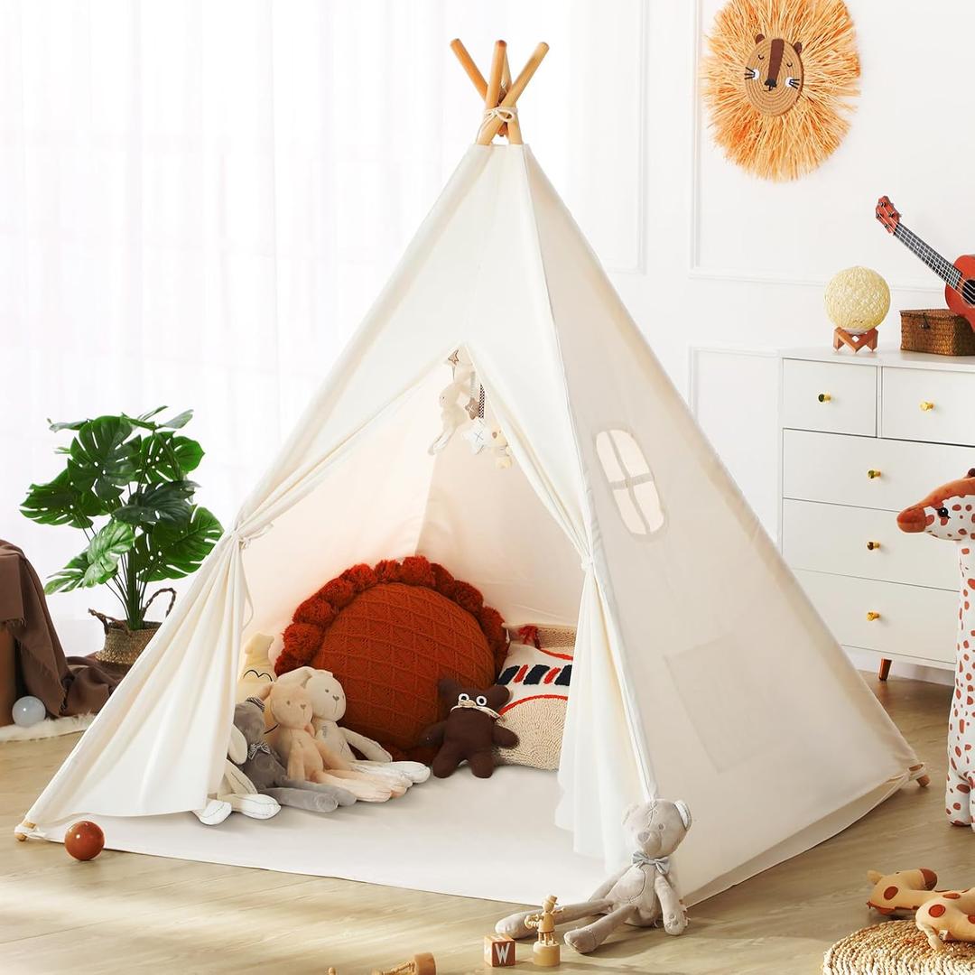 wilwolfer Kids Teepee Tent for Girls or Boys with Carry Case, Foldable Play Tent for Kids or Toddler Suit for Indoor and Outdoor Play, Protable Kids Playhouse Children Tent(Mat not Included) (1 Pack, White)