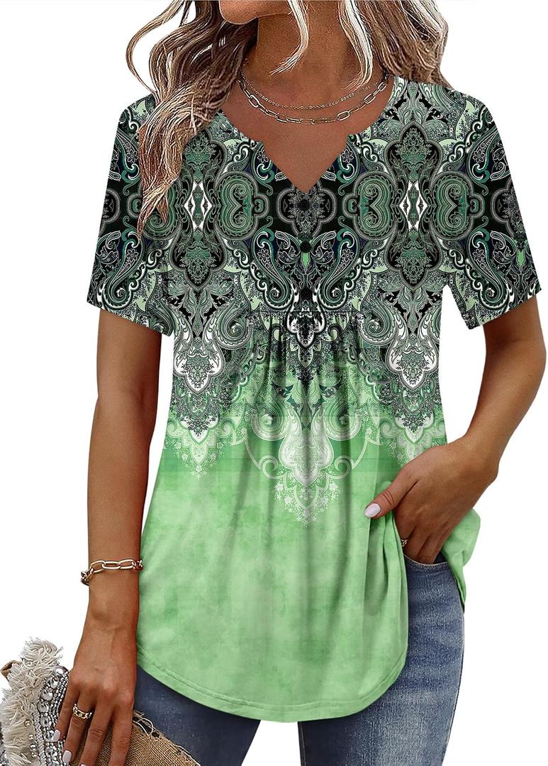 BETTE BOUTIK Womens Short Sleeve Tunics V Neck Button Down Shirts Blouse Tops Pullover (Green, XL)