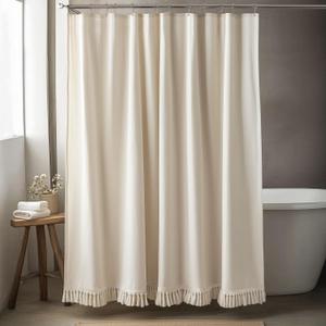 Linen Shower Curtain Boho Beige Shower Curtains for Bathroom Thick Fabric Shower Curtain with Tassels Neutral Shower Curtains Rustic Farmhouse Bath Decor 72 Inch