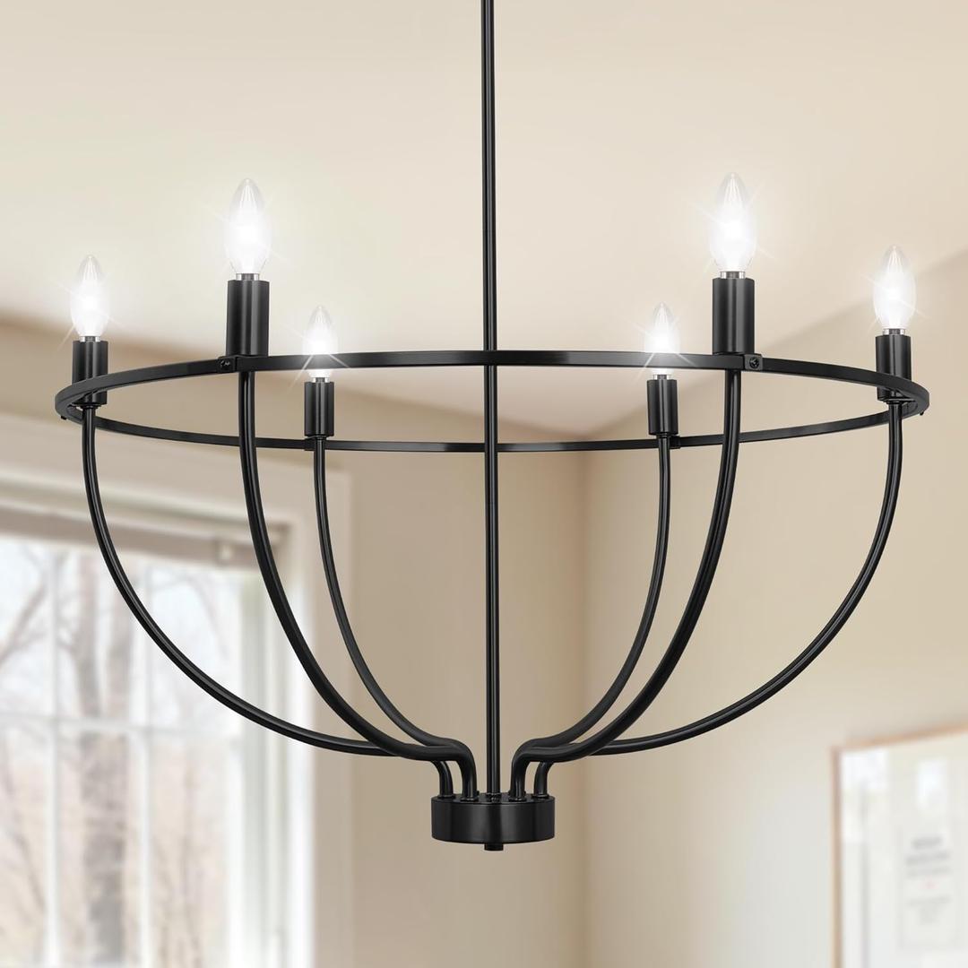DORESshop Black Dining Room Light Fixture, 6-Light Farmhouse Black Chandelier for Bedroom, Adjustable Height Modern Metal Candle Chandelier for Kitchen Island, Living Room, Foyer, Entryway, 28.5in