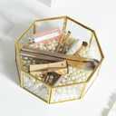 Glass Vintage Jewelry Box, Octagon Gold Display Organizer, Vanity Lidded Home Decor Accent for Storage Trinket Rings Bracelet - Big
