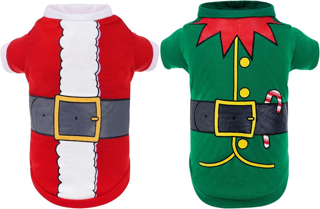2 Pack Christmas Dog Shirts Santa Elf Print Christmas Outfit Santa Costume Pet Apparel for Small Dogs and Cats , S