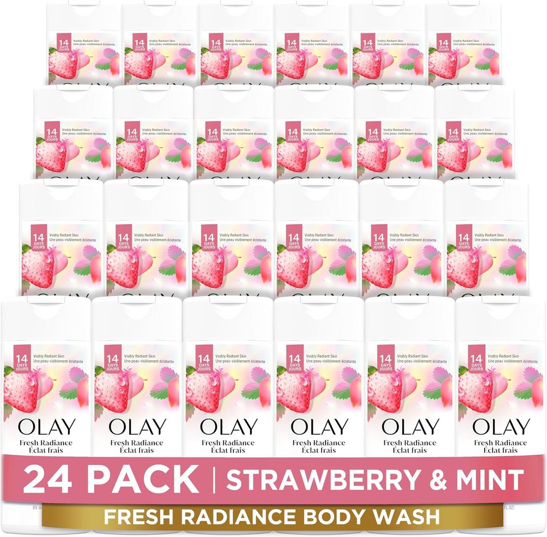 Olay Body Wash for Women, Fresh Radiance, Refreshing & Renewing, Made with Plant Based Cleansers, B3 Botanical Complex, For All Skin Types, Strawberry & Mint Scent, 3.0 Fl Oz (Pack of 24)