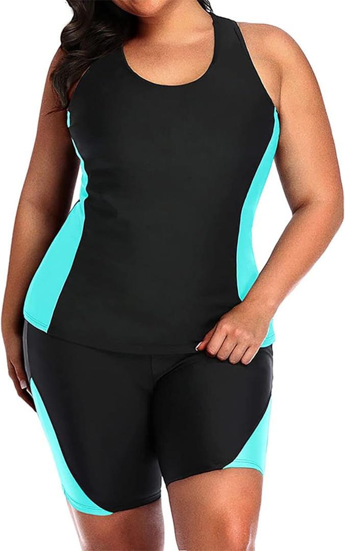 HGps8w Plus Size Women Boyleg Athletic 2 Piece Swimsuits Color Block Full Coverage Tank Top Sporty Swimwear Bathing Suits X-Large,  01 Blue
