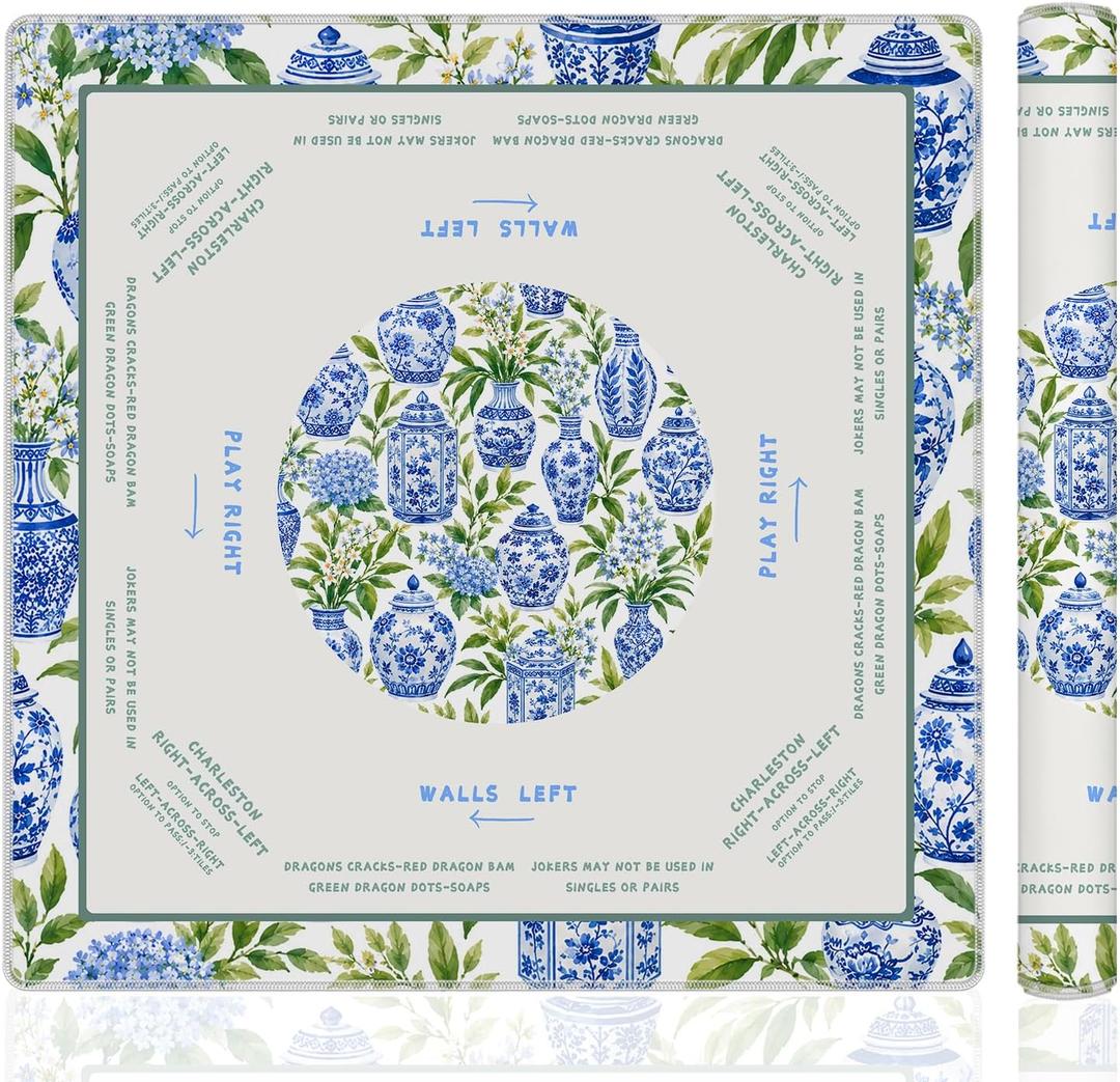 Blue and White Chinoiserie Porcelain Mahjong Mat 31.5 x 31.5 in