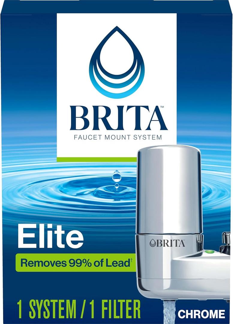 Brita Faucet Mount System, Water Faucet Filtration System with Filter Change Reminder, Reduces 99% of Lead, Made Without BPA, Fits Standard Faucets Only, Elite, Chrome, Includes 1 Replacement Filter