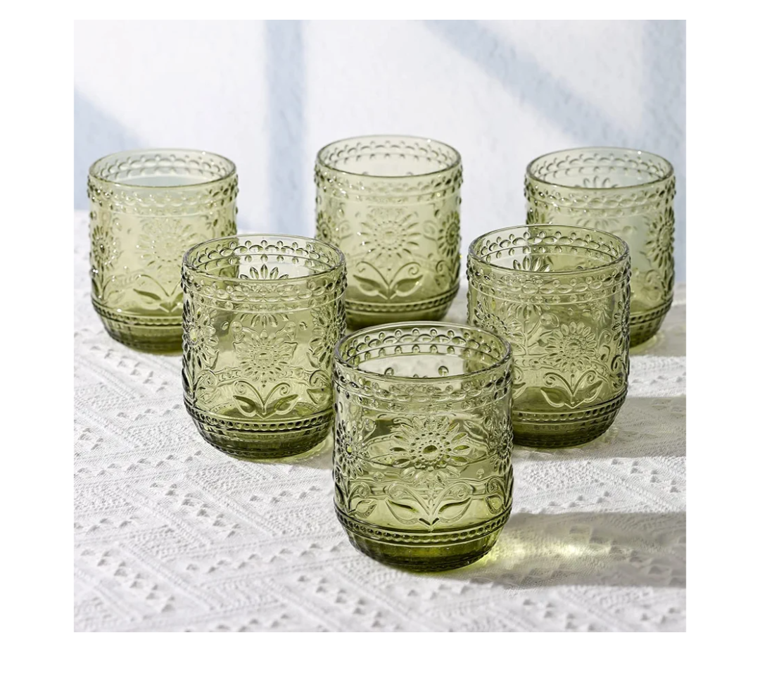 Airsky Set of 6 Olive Green Vintage Drinking Glassware- 12OZ Green Glass Drinking Cups, Thick Farmhouse Drinking Glasses, Embossed Kitchen Glassware for Soda Lemonade Cocktail , Dishwasher Safe