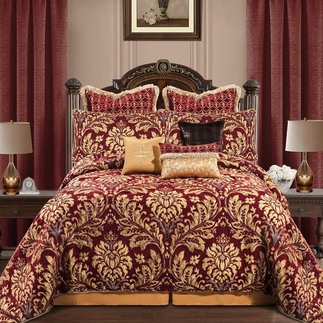 Loom and Mill 9-Piece Chenille Jacquard Comforter Set, Luxury Christmas Red Comforter Queen Sets, Ultra Soft Floral Bedding with Euro Shams, Bedskirt, Filled Decorative Pillow for Home, Red, Queen