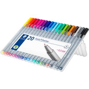 STAEDTLER Triplus Fineliner Pens Set (20 Pack) - 20 Vibrant Colors, 0.3mm Metal-Clad Tip, Ergonomic Triangular Barrel, Standing Easel Case