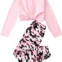 Girls 2 Piece Outfits Long Sleeve Twist Front Shirts and Camo Pants Sets for Fall Winter Sweatsuits Size 5-14Y (Pink)