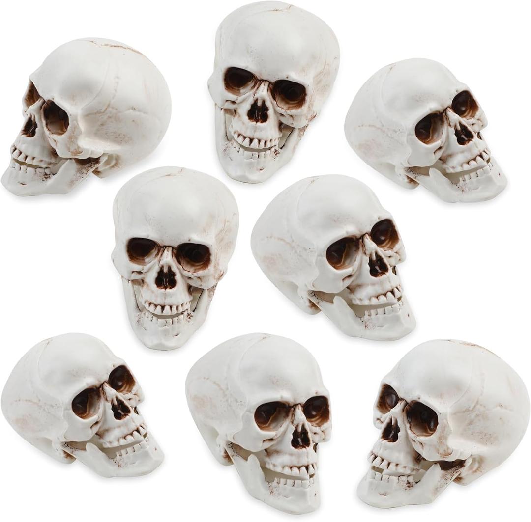 KIMOBER 8PCS Halloween Skull Heads Decor,Plastic Realistic Human Skeleton Skulls Head Prank Props for Party Bar Home Table Decorations (2 x 2.4 x 3 Inches)