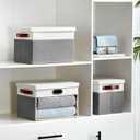 Fabric Clear Window Storage Bins with Lid, Closet Storage Box Linen Closet Baskets with 3 Handles for Organizing Clothing, Jeans, Shelves 15''- 3 Pack (Gray and White)