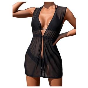 SweatyRocks Women's See Through Swimsuit Cover Up Sleeveless V Neck Sheer Bikini Beach Dress Black Large