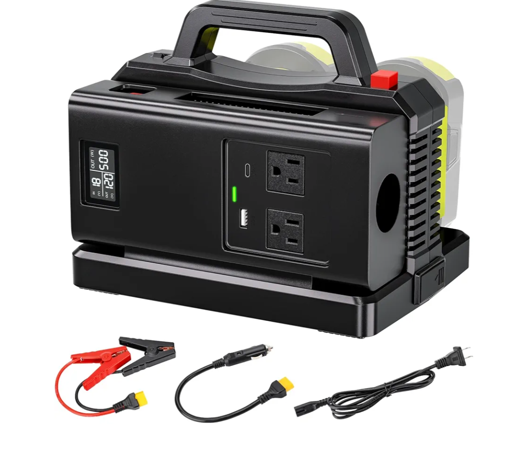 500W Pure Sine Wave Power Inverter for Ryobi 18V Battery, 18V DC to 120V AC Converter with USBC/USBA Charger, Inverter for Vehicles, Car Plug Adapter Outlet for Laptop