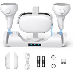 Charging Dock for Oculus Quest 2, Magnetic VR Charger with 2 Rechargeable Batteries for Oculus Quest 2 Accessories, VR Headset & Charger Controller Supports LED Indicator