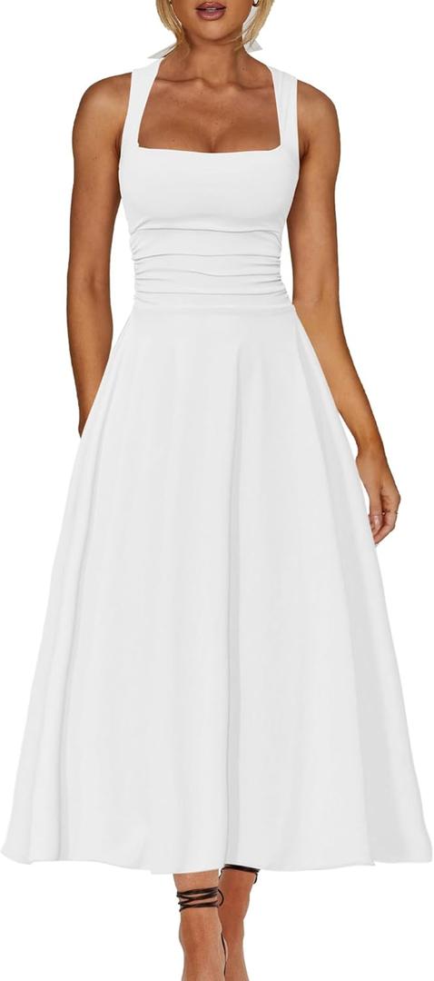 Kaximil Women's Square Neck Corset A Line Maxi Dress Ruffle Ruched Waist Flowy Long Dresses (White, L)