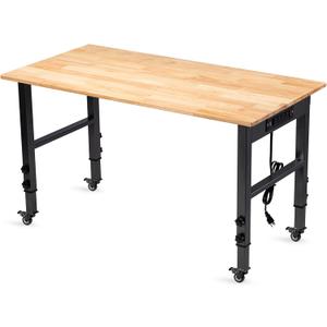 48" Height Adjustable Workbench, 2000 LBS Load Capacity Rubber Wood Top Workstation, Heavy-Duty Hardwood Worktable for Garage Workshop (with Wheels and Socket,48'')
