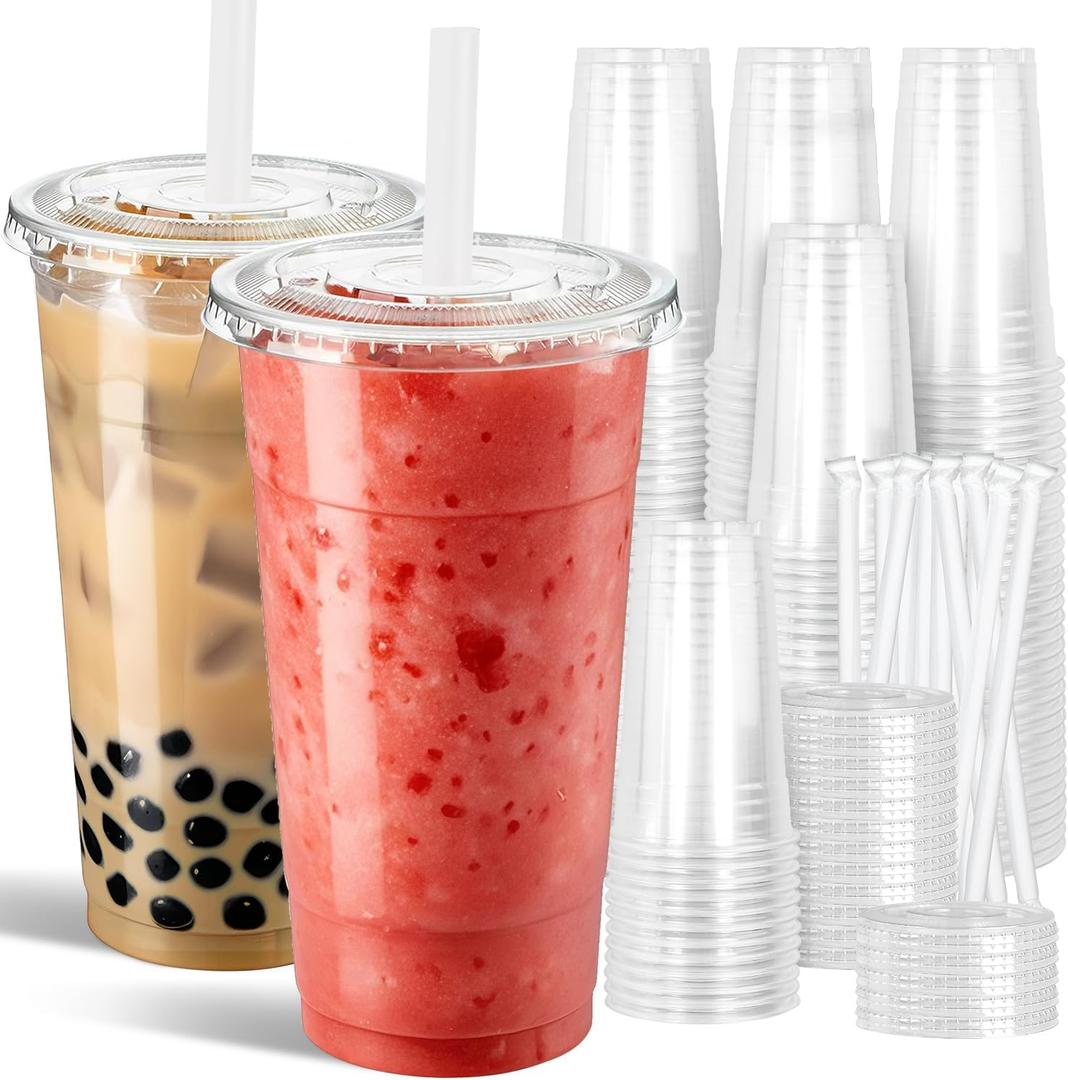 Ginkgo 32 oz Clear Plastic Cups with Lids and Jumbo Straws, Disposable To Go Iced Coffee Cups for Smoothie, Boba Milk Tea - 50 Pack