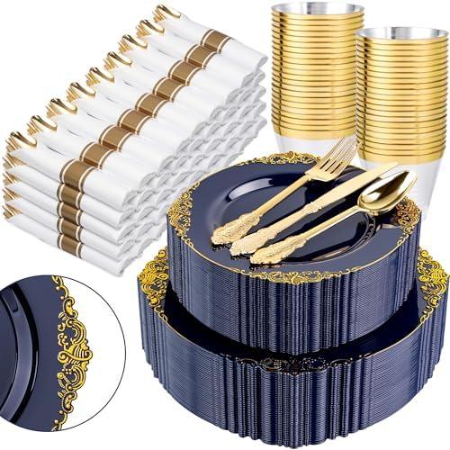 Nervure 350Pcs Blue Plastic Plates - Blue Gold Plastic Dinnerware Sets for 50 Guests - 100 Navy Gold Disposable Plates, 50 Pre Rolled Silverware, 50 Cups Perfect for Wedding & Party