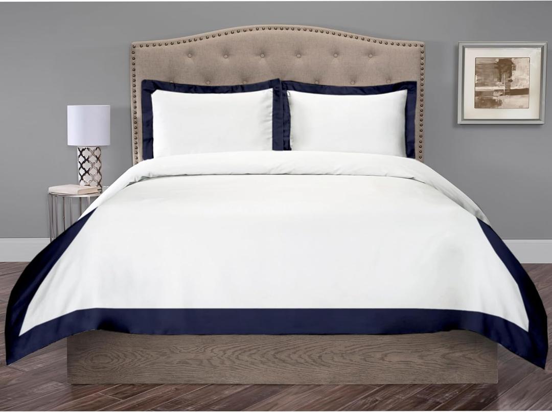 Hotel Luxury 3pc Dual Tone Duvet Cover Set-850 Thread Count 100% Organic Cotton Premium Bedding Collection King Size 104 x 92 Inches Machine Washable (White & Navy Blue)