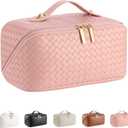 Large Capacity Travel Cosmetic Bag - Portable Makeup Bags for Women Waterproof PU Leather Checkered Makeup Organizer Bag with Dividers and Handle,Toiletry Bag for Cosmetics (Medium, woven-pink)