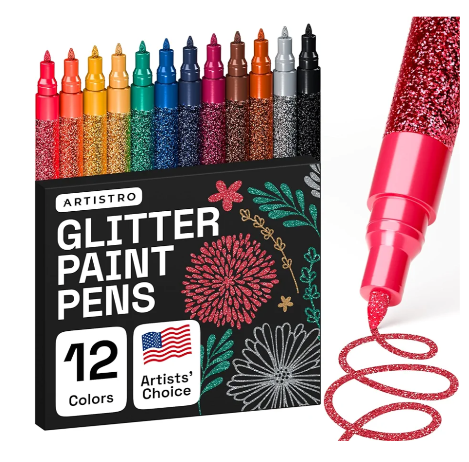 ARTISTRO 12 Glitter Paint Pens Sparkly and Shiny for Rock Painting, Stone, Ceramic, Glass, Wood, Fabric, Scrapbooking, DIY Craft Making, Coloring, Acrylic Glitter Markers Extra-Fine Tip 0.7mm