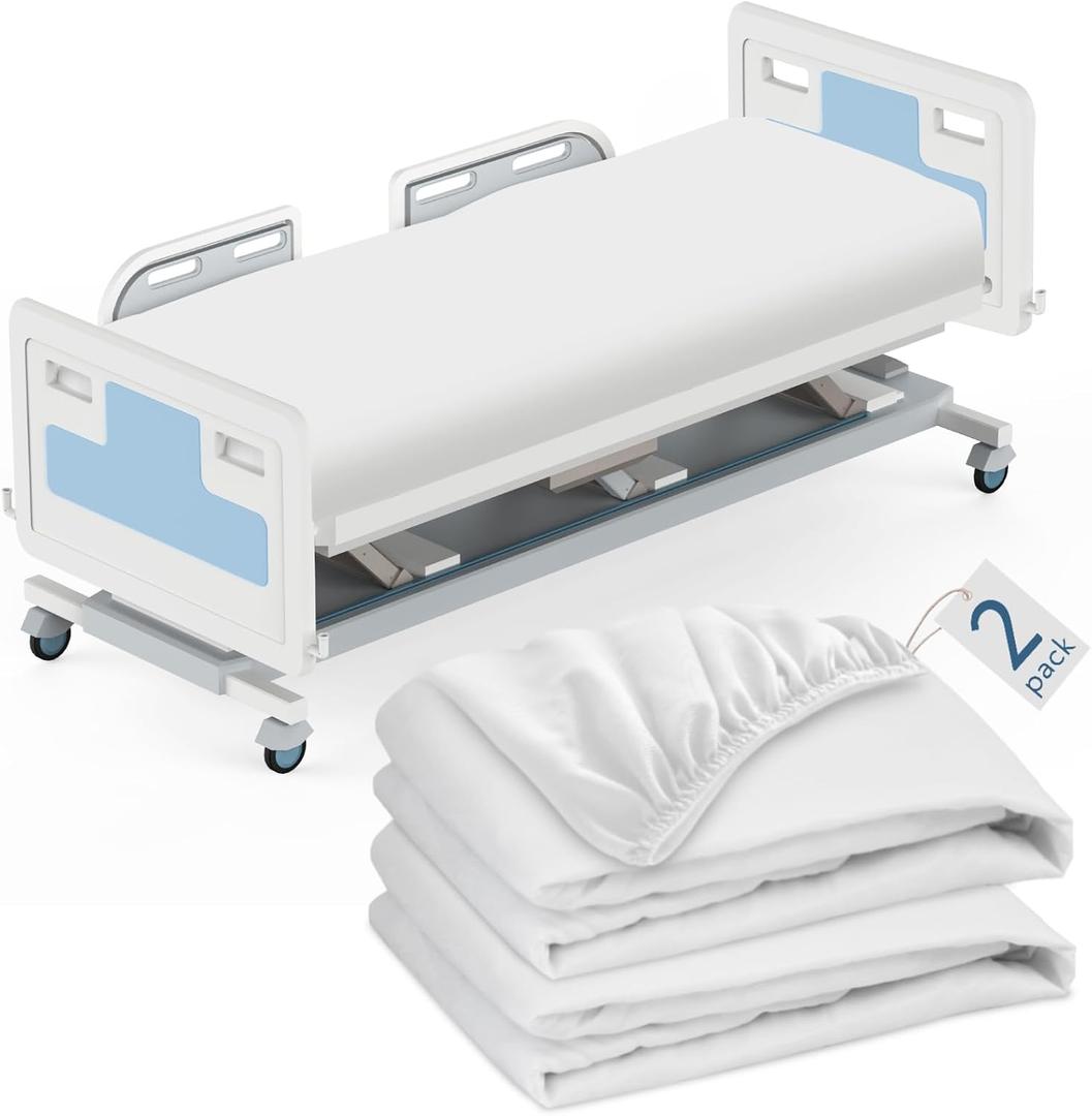 2 Pack Hospital Bed Sheets 36" x 80" x 9", Hospital Bed Fitted Sheets for Home & Hospital Care Beds, Soft Hospital Bed Sheets with Elastic All Around, White (36 x 80 Inch)