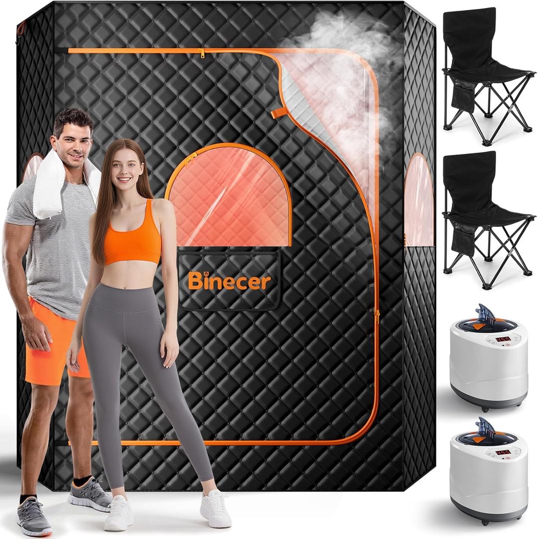 Portable Sauna Box, 2 Person Portable Steam Sauna for Home, Large Sauna Tent with 2 Steamer, Folding Chair for Relaxation-Black 