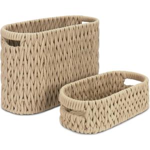 Boho Toilet Paper Storage Baskets, Cotton Rope Woven Bathroom Basket Set of 2, Standing Toilet Paper Holder for 6 Mega Rolls,Storage Bins for Toilet Tank Top, Bathroom Organizer Decor (Brown 2 Pack)