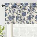 DriftAway Freda Jacobean Floral Linen Blend Blackout Thermal Insulated Energy Saving Privacy Window Linen Curtain Valance Rod Pocket 2 Layers Single 52 Inch by 18 Inch Plus 2 Inch Header Navy Beige