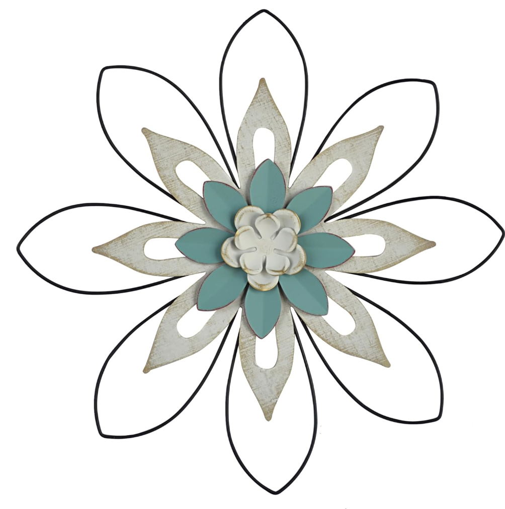20 inch metal flower wall decor art, wood composite wall decor art, metal 3D wall art, farmhouse decoration, bathroom living room, home office, garden, kitchen, multi flower hanging decoration