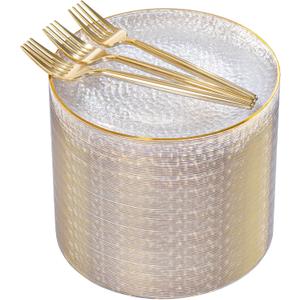 Rubtlamp 200 Pcs Clear Gold Dessert Plates with Forks, 6 inch Hammered Gold Small Disposable Plates, Fancy Appetizer Platos Include 100 Cake Plate,6 inch 100 gold Forks for Birthday, Wedding, Teatime