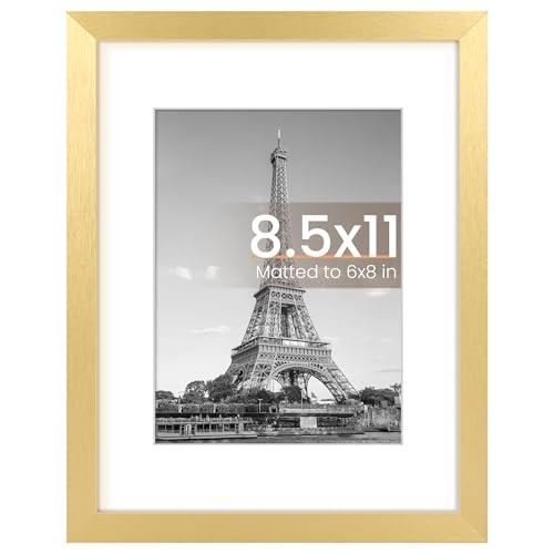 upsimples 8.5 By 11 Picture Frame, Display Pictures 6x8 with Mat or 8.5 x 11 Without, Wall Hanging Photo Frames, Gold, 1 Pack
