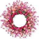 J'FLORU 22 Inch Valentines Day Wreath Pink Valentine's Day Wreaths for Front Door Tulip Wreath with Red Hearts and Berries for Valentine Wedding Anniversary Candlelight Dinner