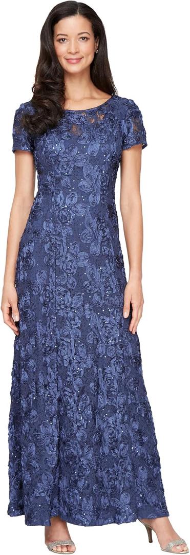 Alex Evenings Women's Long Rosette Mother of The Bride Dress with Short Sleeves (Blue, 16P)